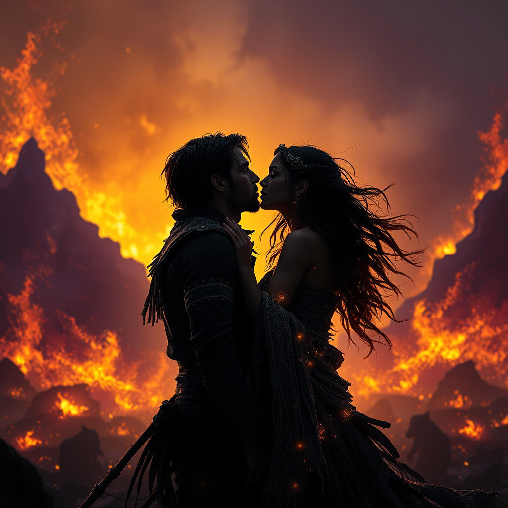 Passionate Kiss Amidst Inferno, Hyper-Realistic Digital Art