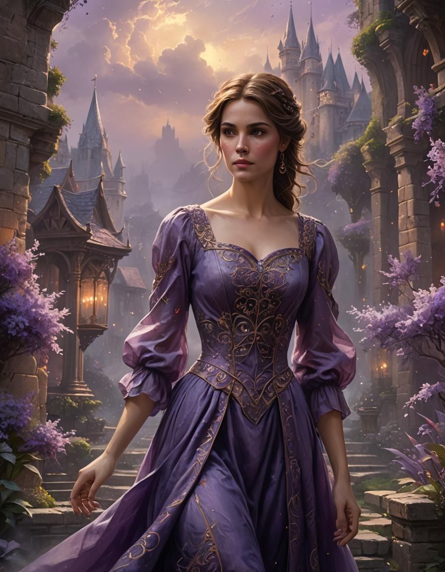 Ethereal Woman in Purple Dress: Digital Matte Painting