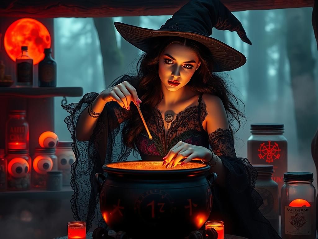 Enchanting Witch Brews Potion in Misty Forest