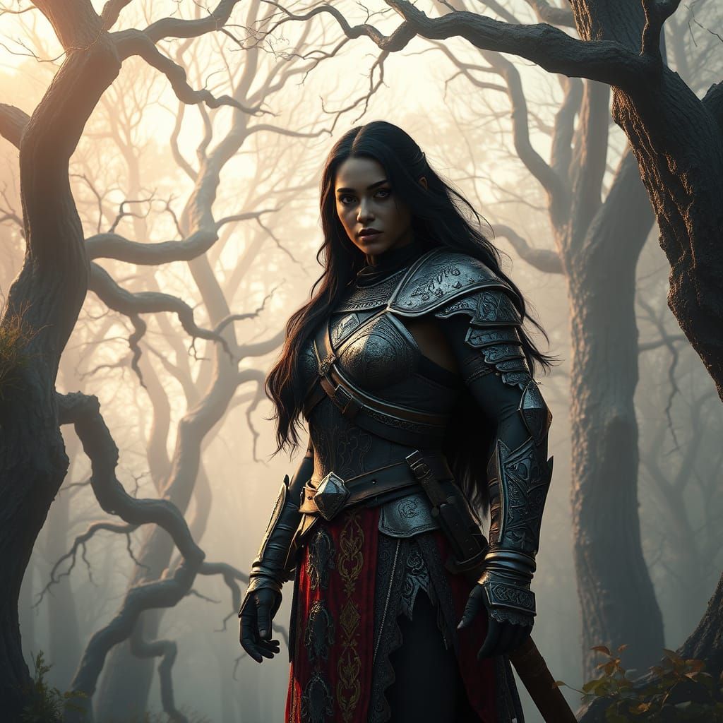 Female Warrior in Misty Forest, Detailed Concept Art