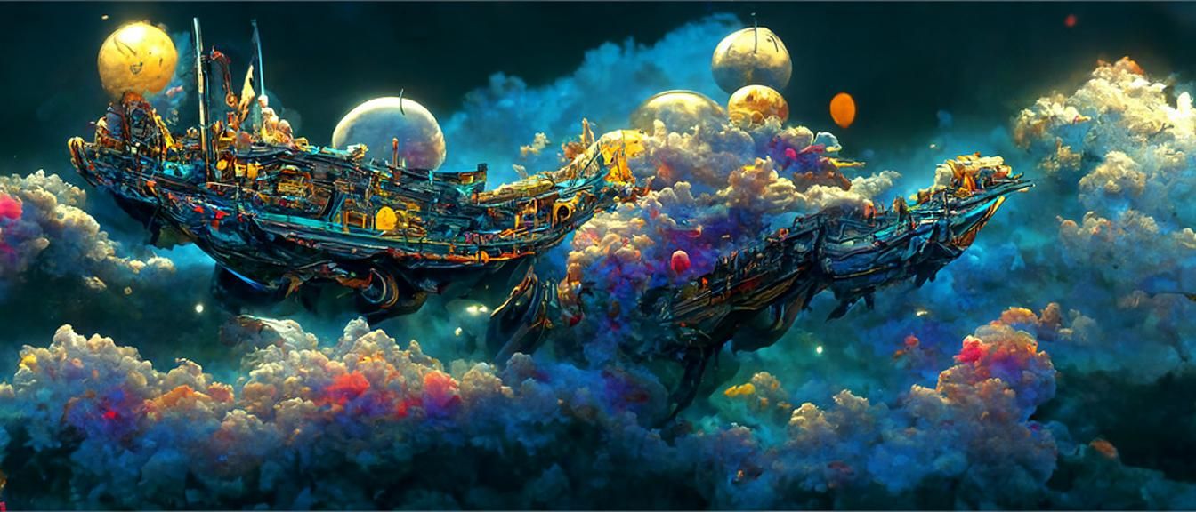 Celestial Pirate Ship Sailing a Sea of Stars