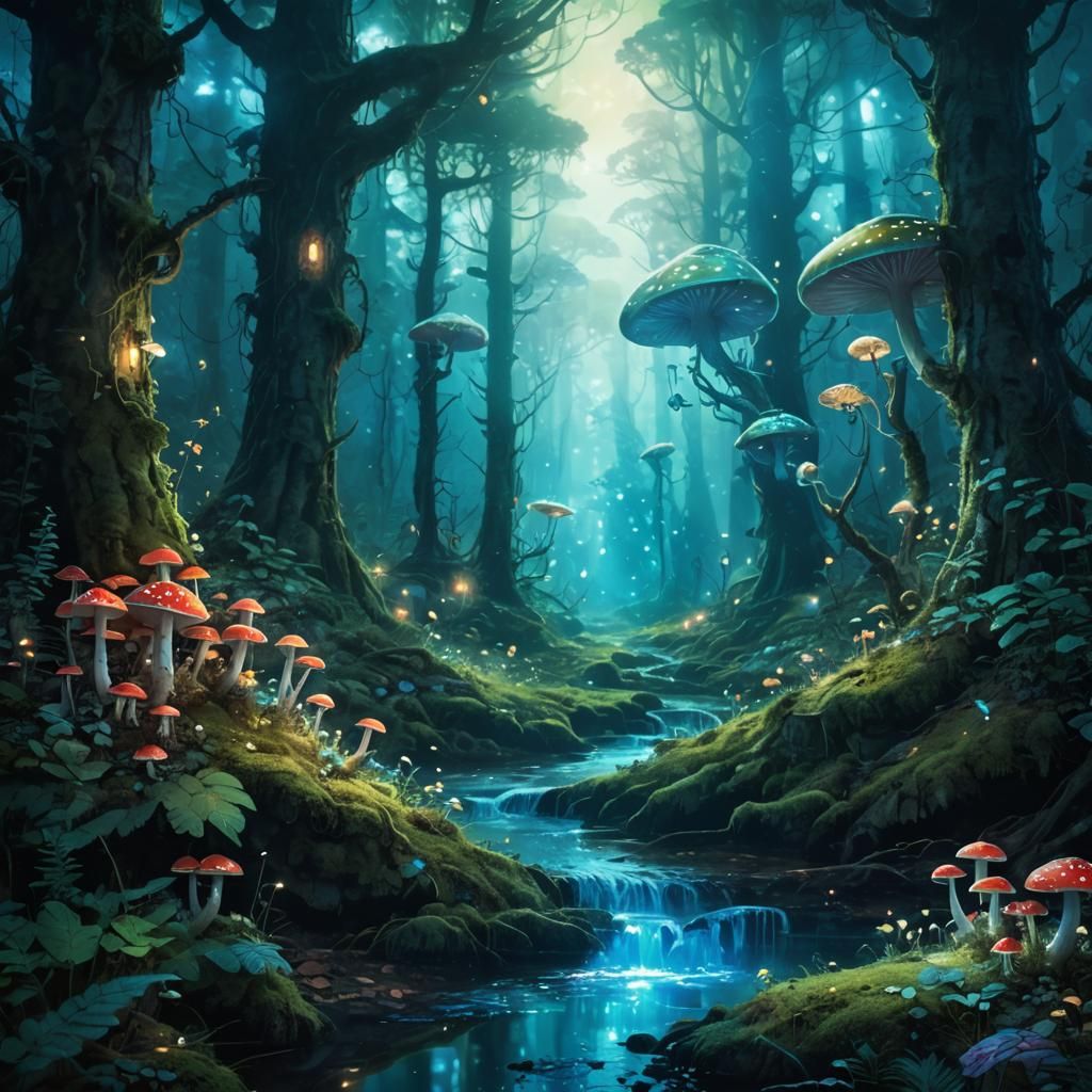 Enchanted Forest with Bioluminescent Flora, Fantasy Art