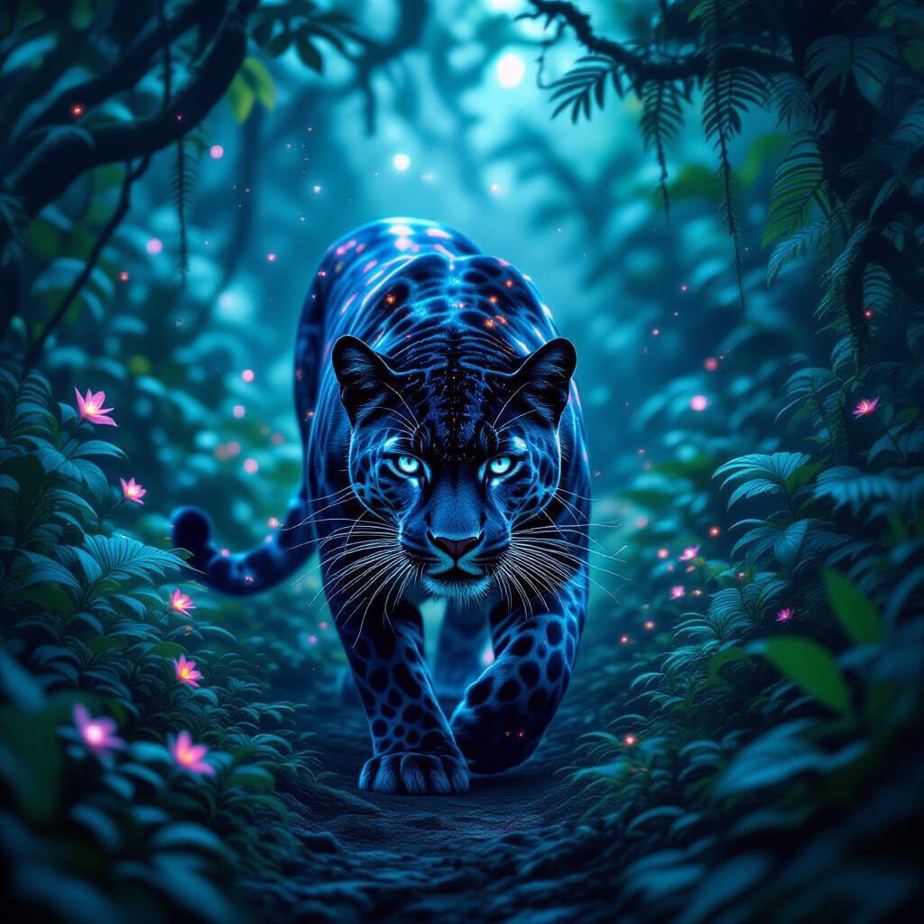 Galactic Panther Stalking Bioluminescent Jungle in Mixed Med...