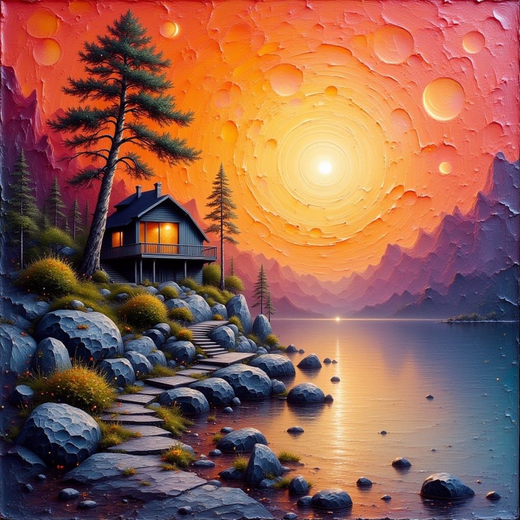 Lakeside Cabin at Vibrant Sunset Impasto Painting