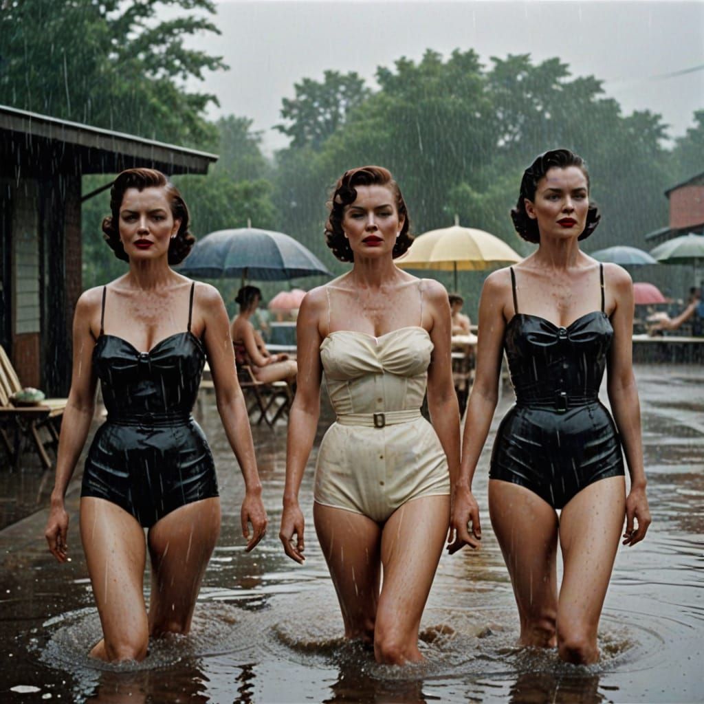 1950s Pin-Up Bombshells Sunbathing in Downpour