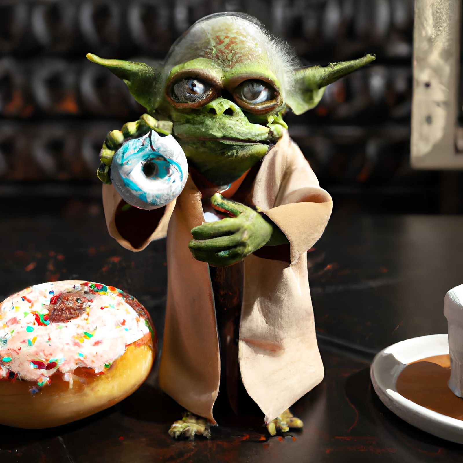 Toy Yoda Muppet with Donut in Stop Motion