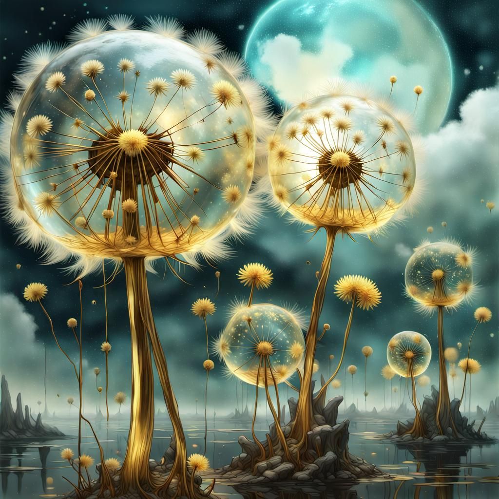 Golden Dandelion Sculpture in Klimt-Inspired Style