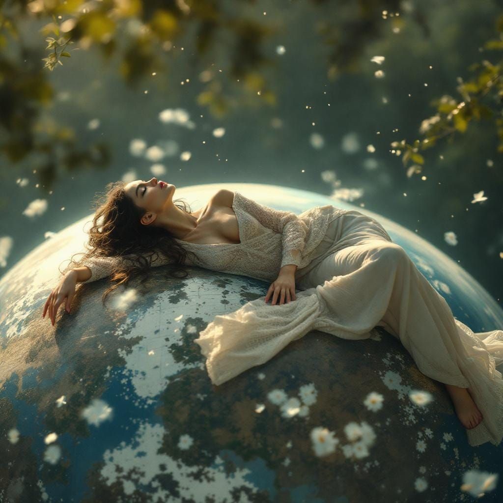 Woman Reclining on Globe in Dreamlike Setting