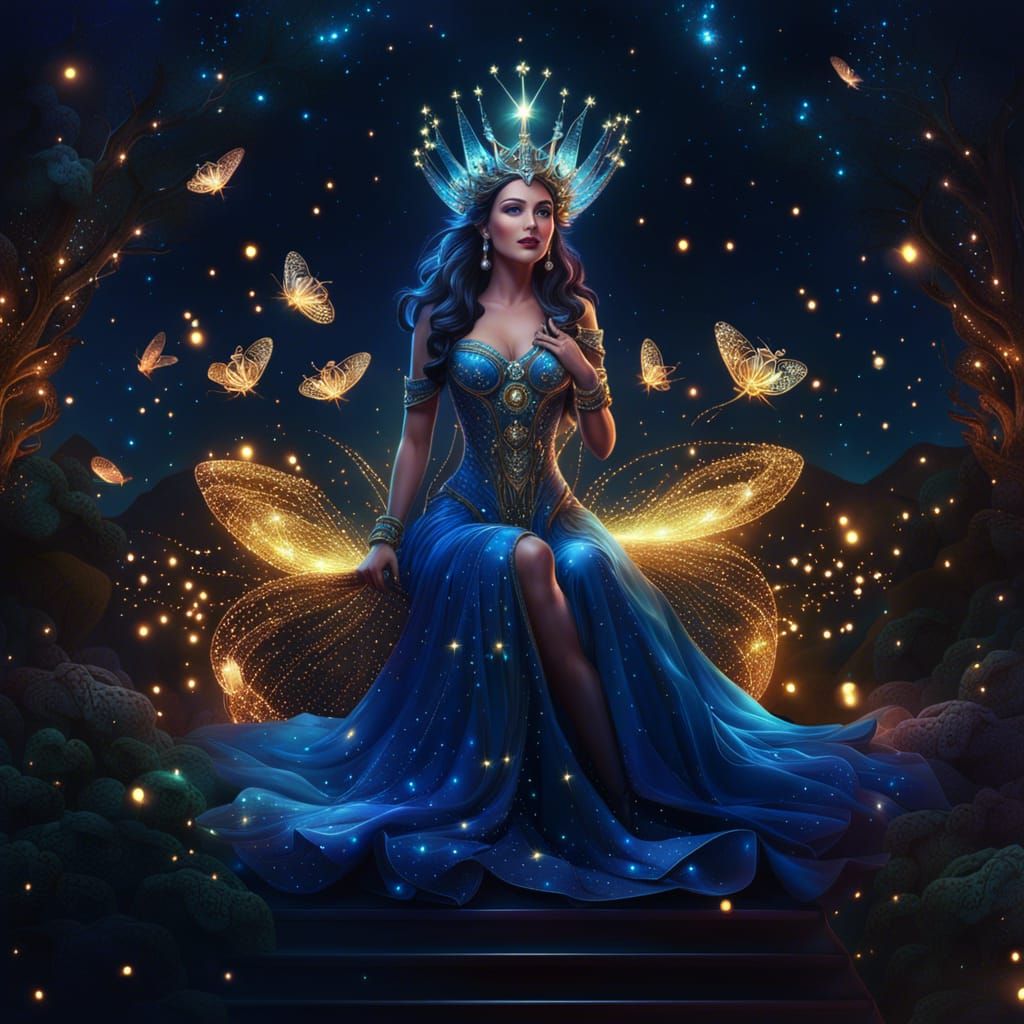Glittering Queen in Starlit Fantasy Landscape