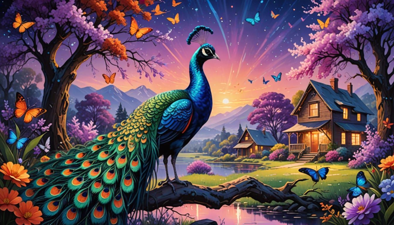 Vibrant Cosmic Landscape with Peacock and Butterflies in Hol...