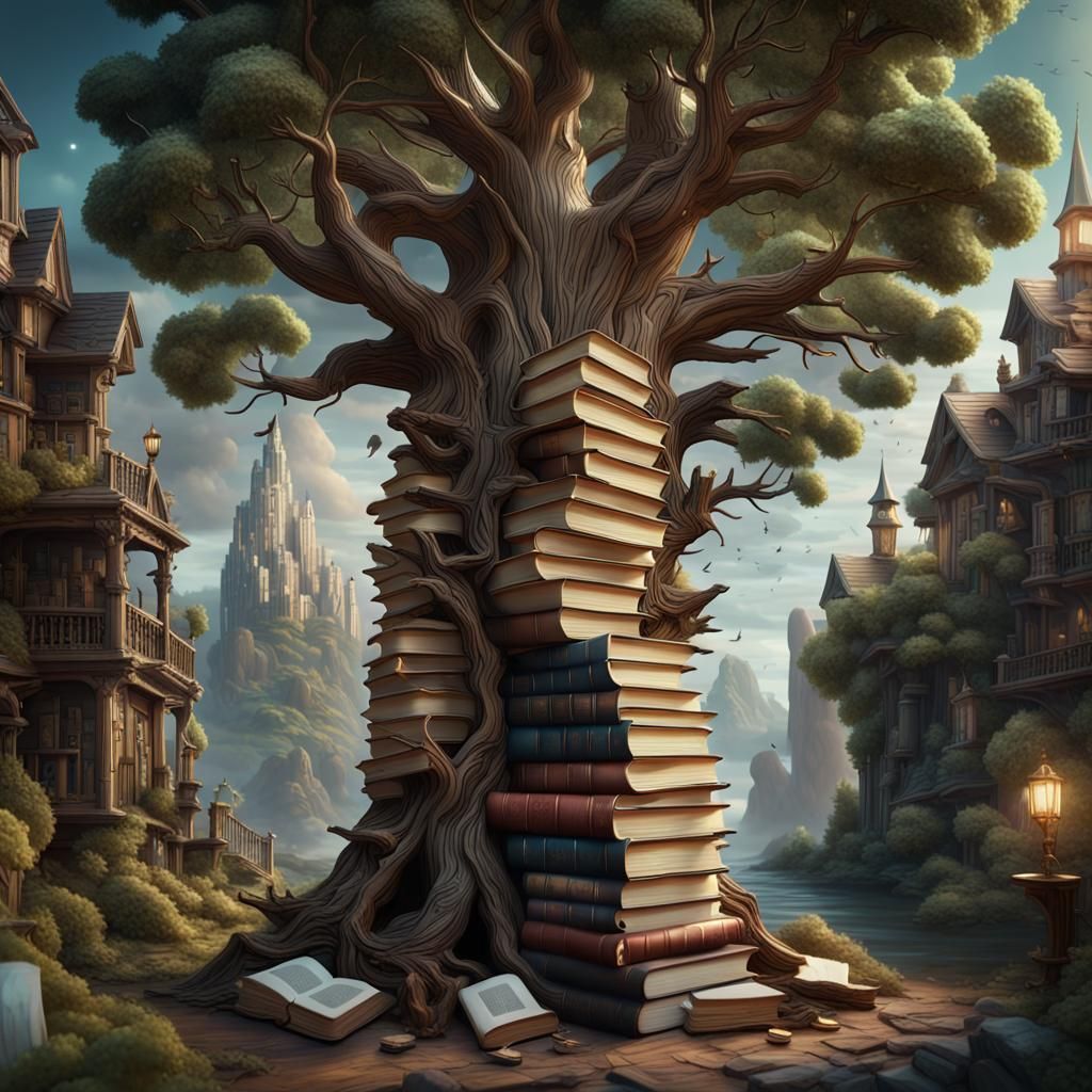 a tree made entirely of stacked books, with literary characters and scenes coming to life as ornaments