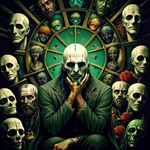 Distressed Man Surrounded by Taunting Heads: Gothic Art