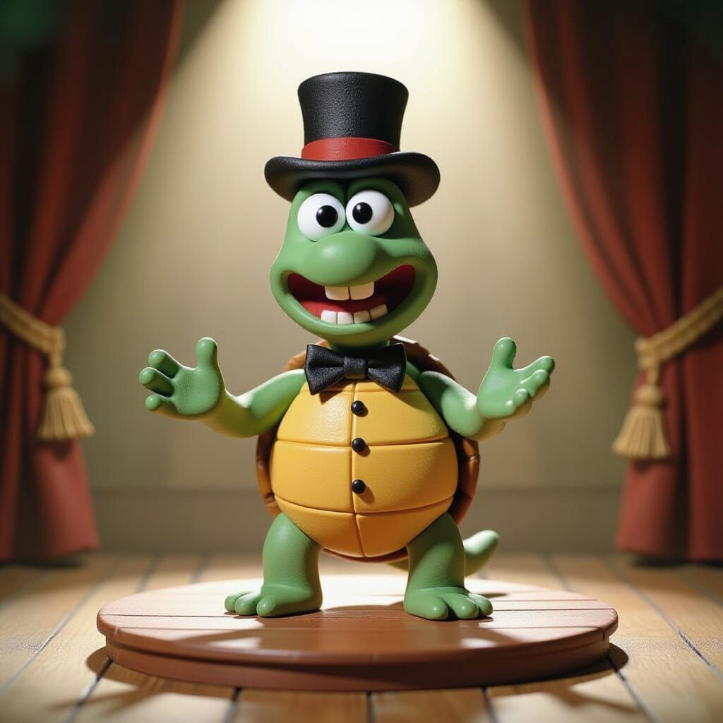 Singing Turtle with Top Hat in Claymation Style