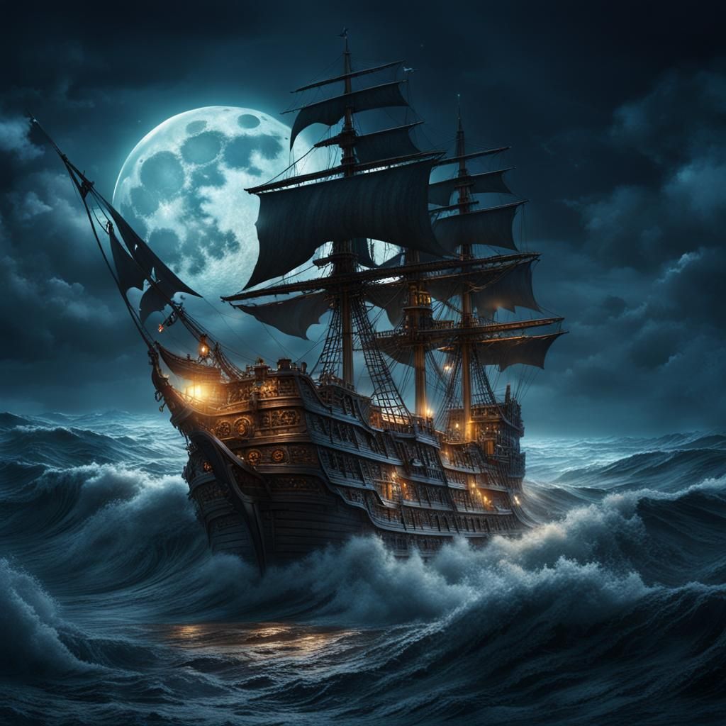 Pirate Ship Cresting Wave on Moonlit Night