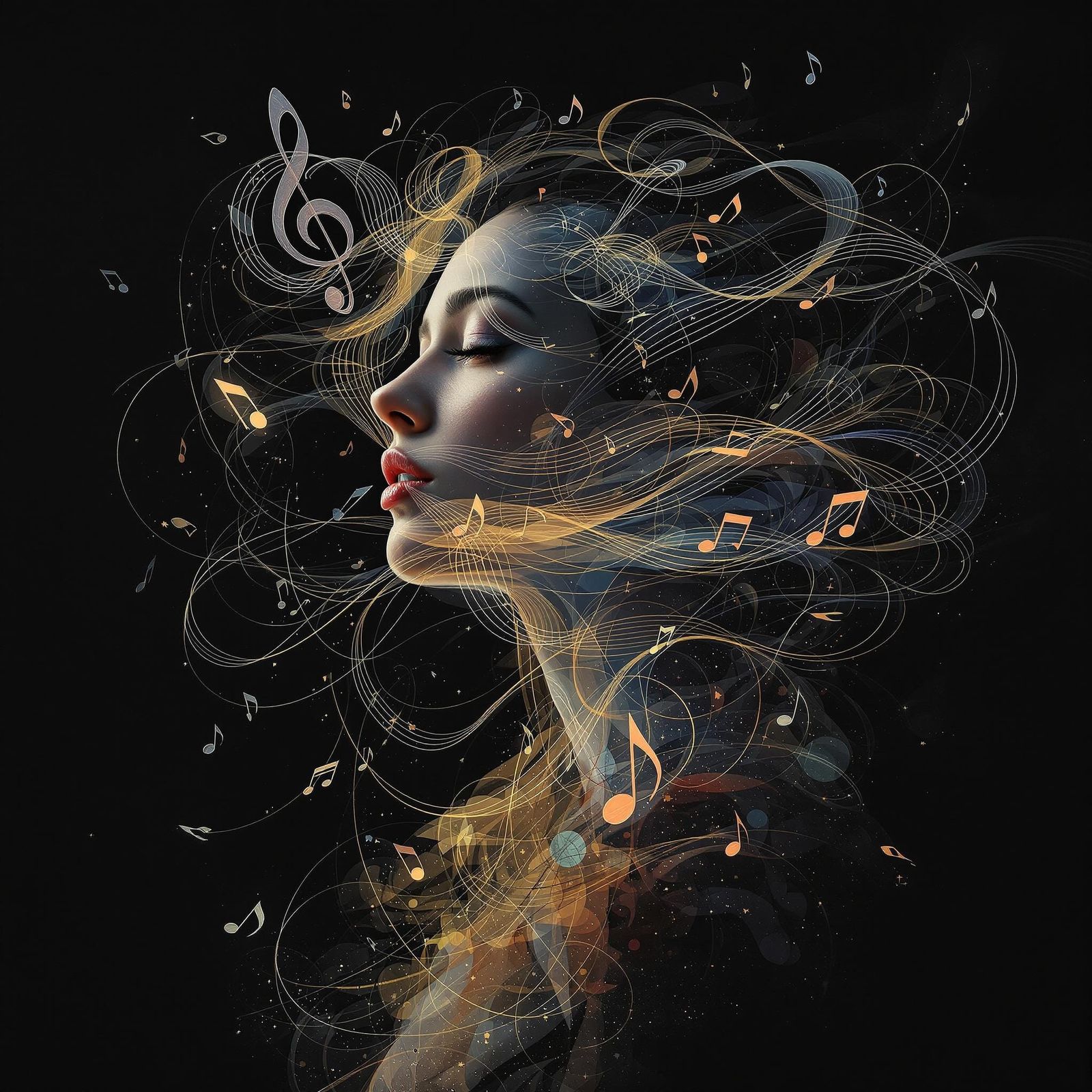 A Woman Enveloped by Melodic Sound Waves in a Dreamlike Digi...