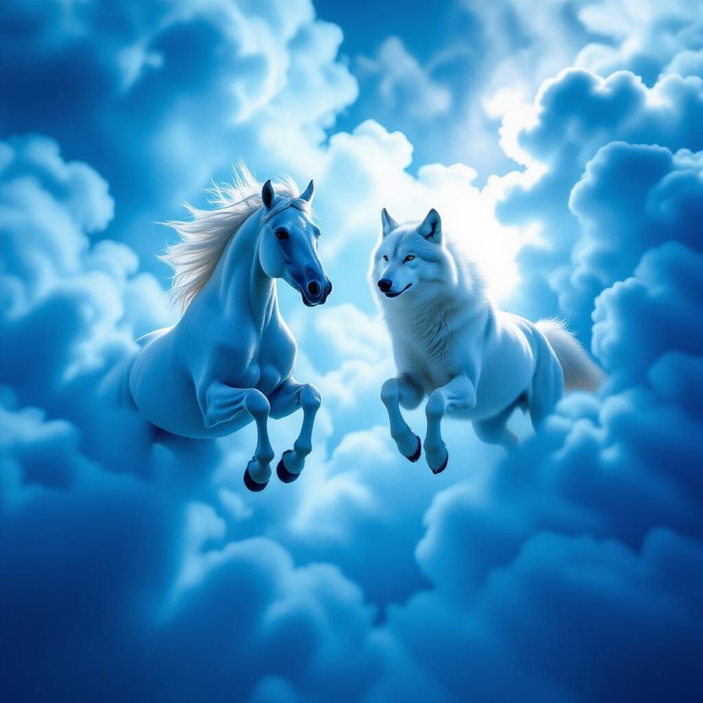 White Arabian Horse and Wolf Leap Through Sky Crack