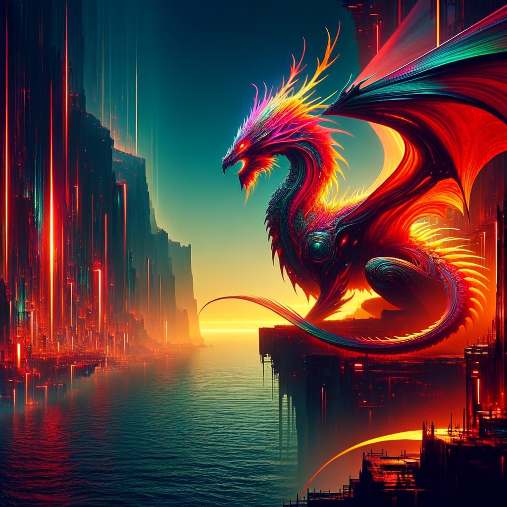 Vibrant Dragon Perched on Cliff Overlooking Serene Sea
