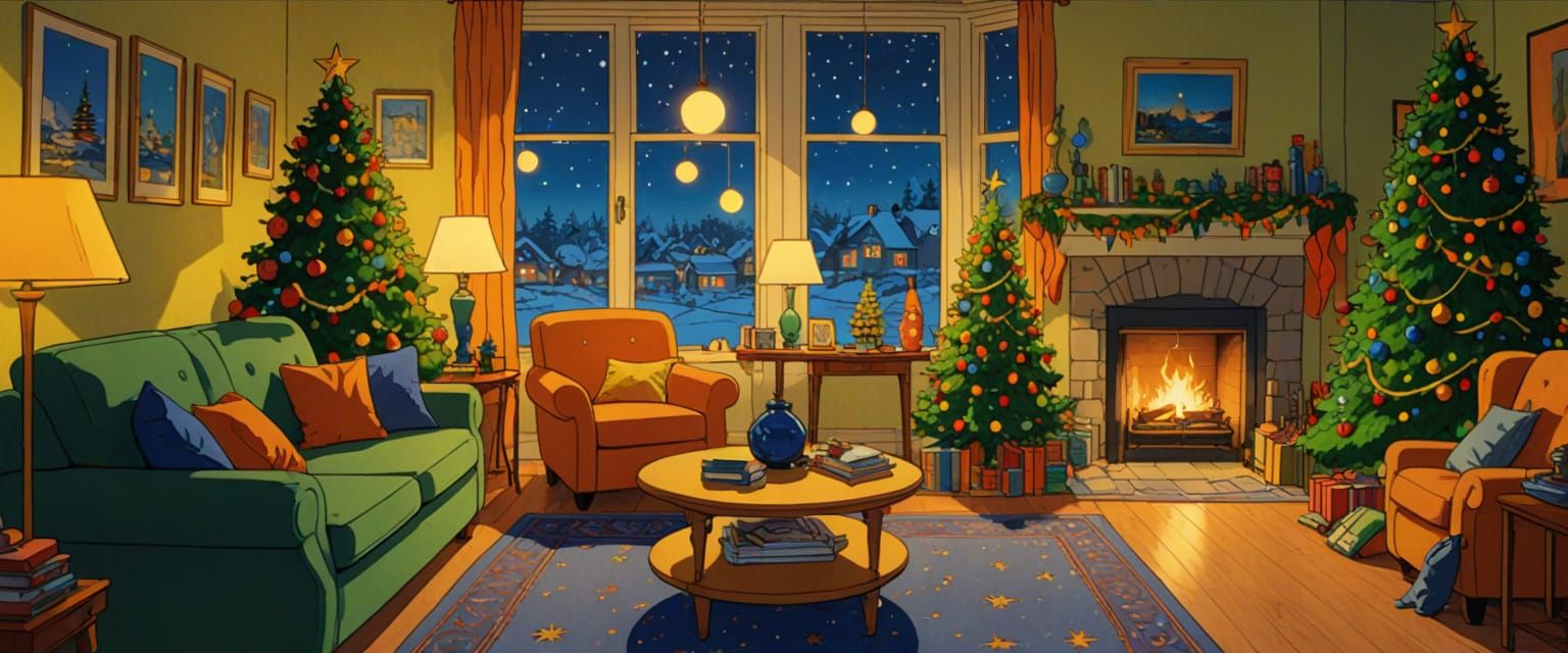 Cozy Christmas Living Room in Comic Book Style