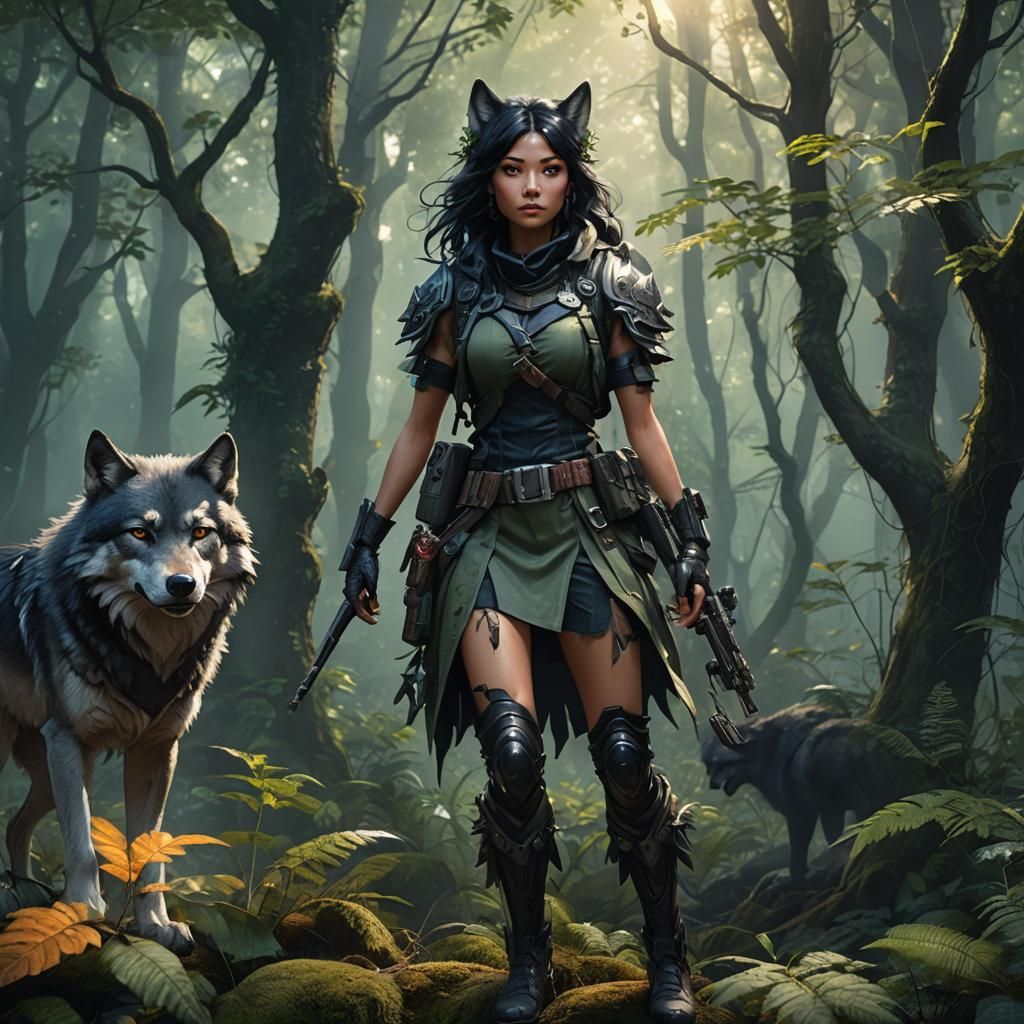 Mystical Wolf Girl in Forest: Fantasy Concept Art