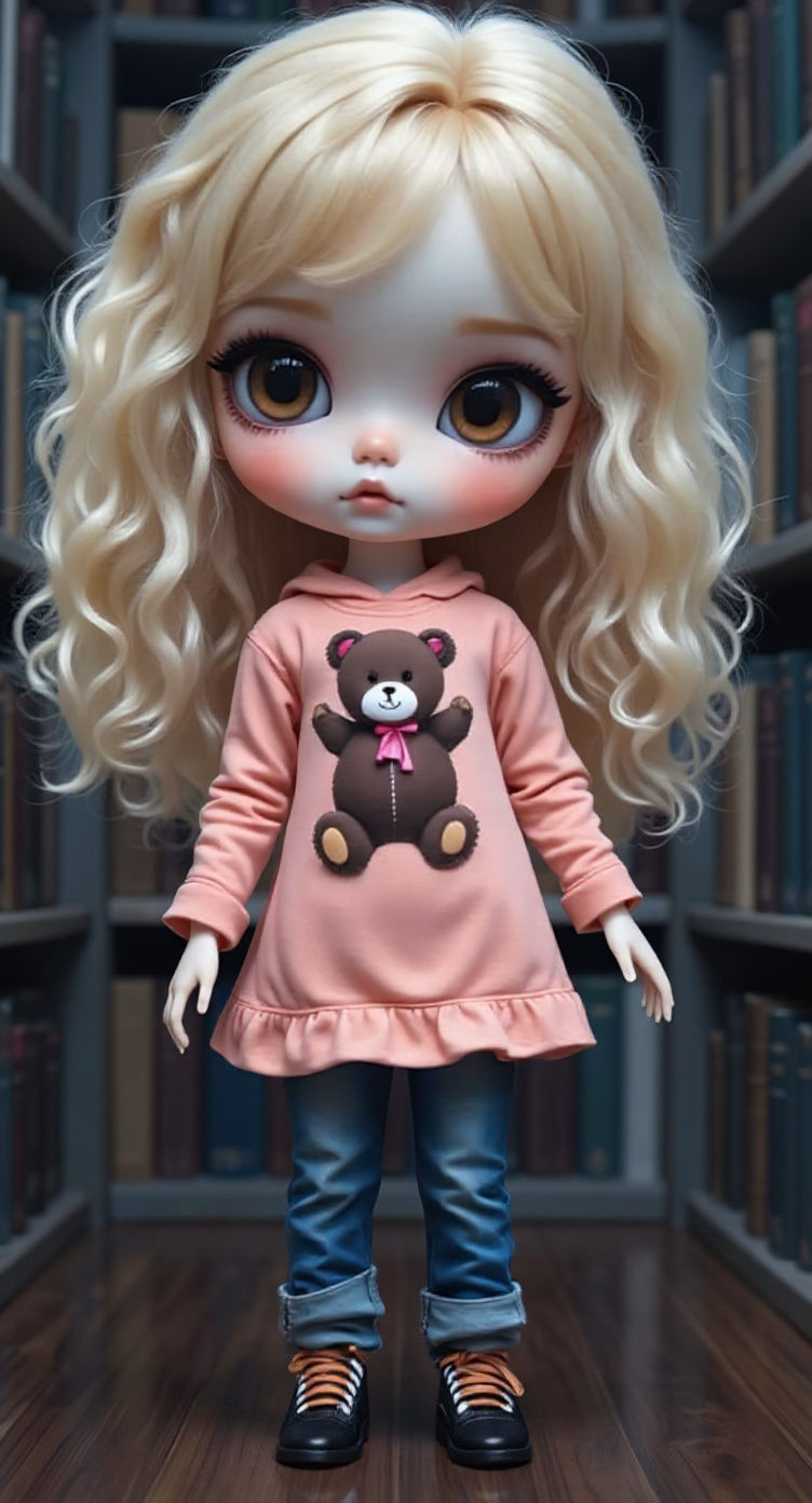 Chibi Doll in Library: 3D Photorealistic Render