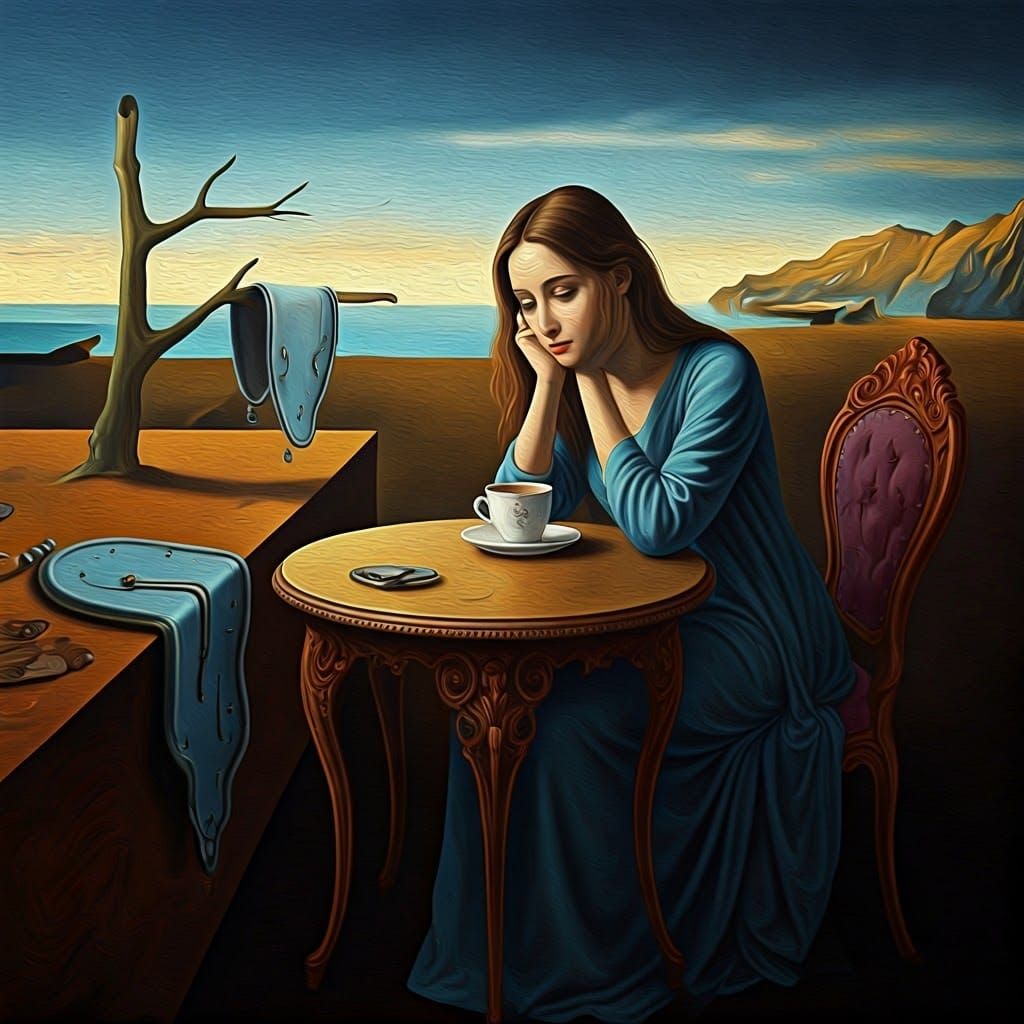 Melancholic Woman with Cold Coffee in Surrealist Style