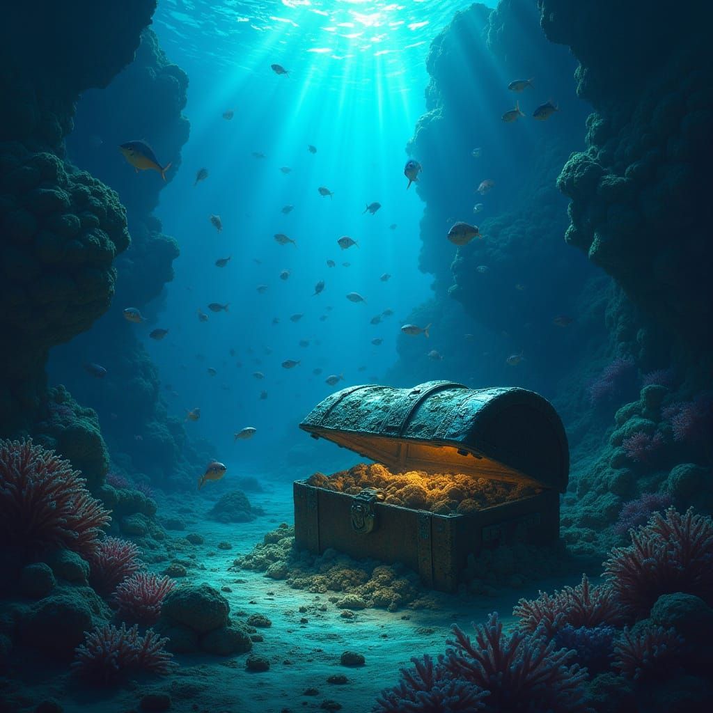 Barnacle Encrusted Treasure Chest in Bioluminescent Ocean