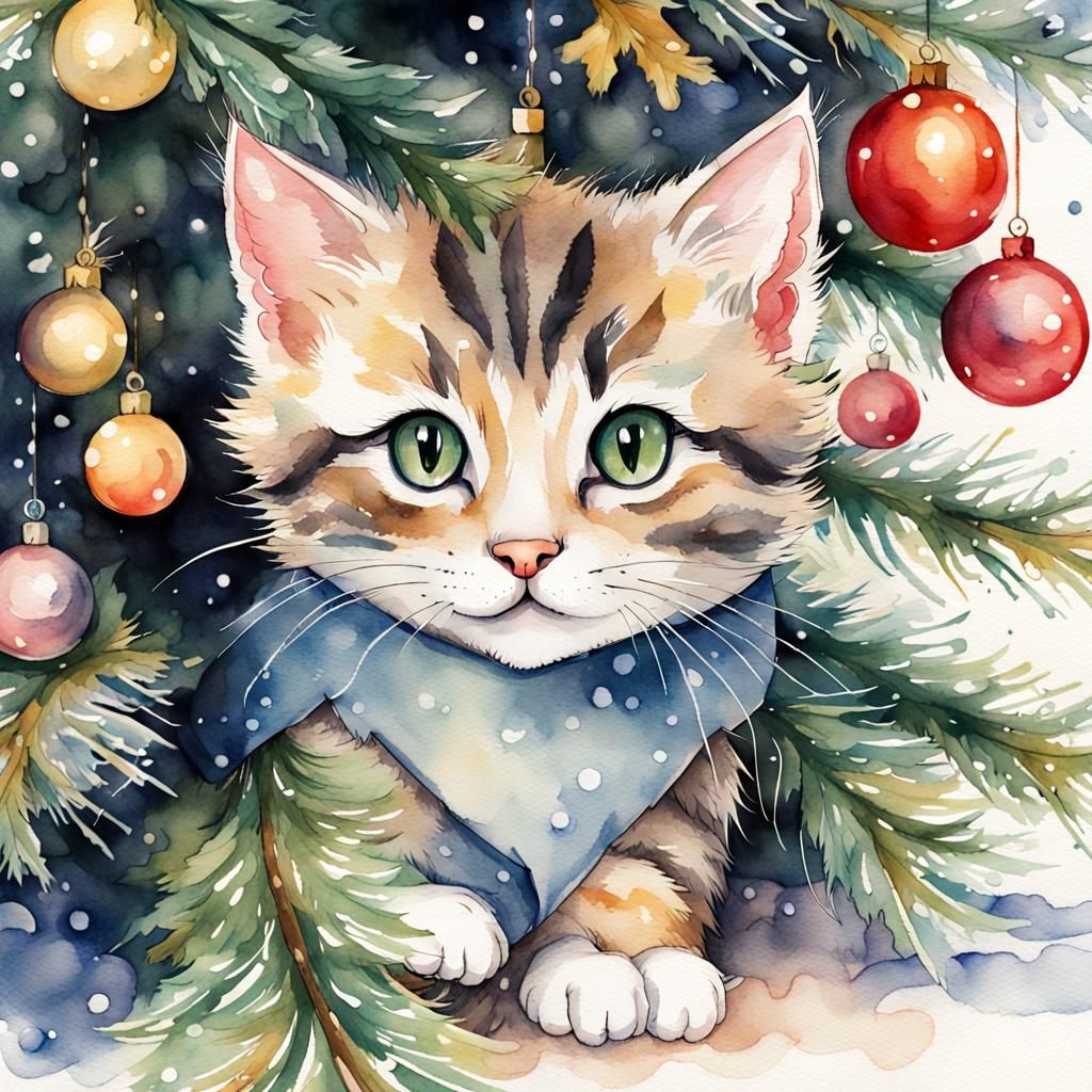 Cute Kitten in Christmas Tree: Watercolor Illustration