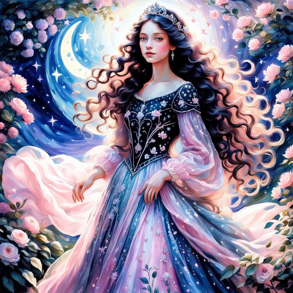 Lune Princess in Moonlit Garden: Dreamlike Fantasy Art