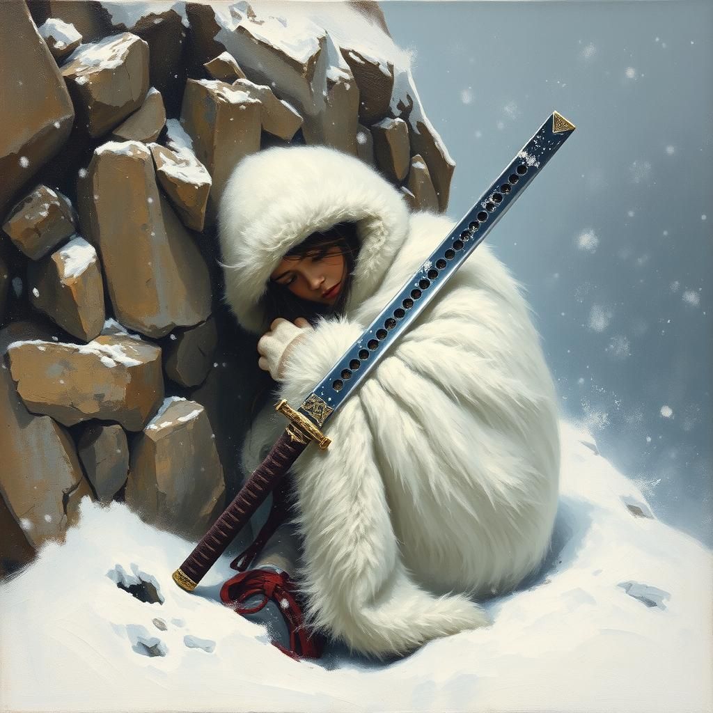 Girl in Blizzard with Katana: Oil Painting