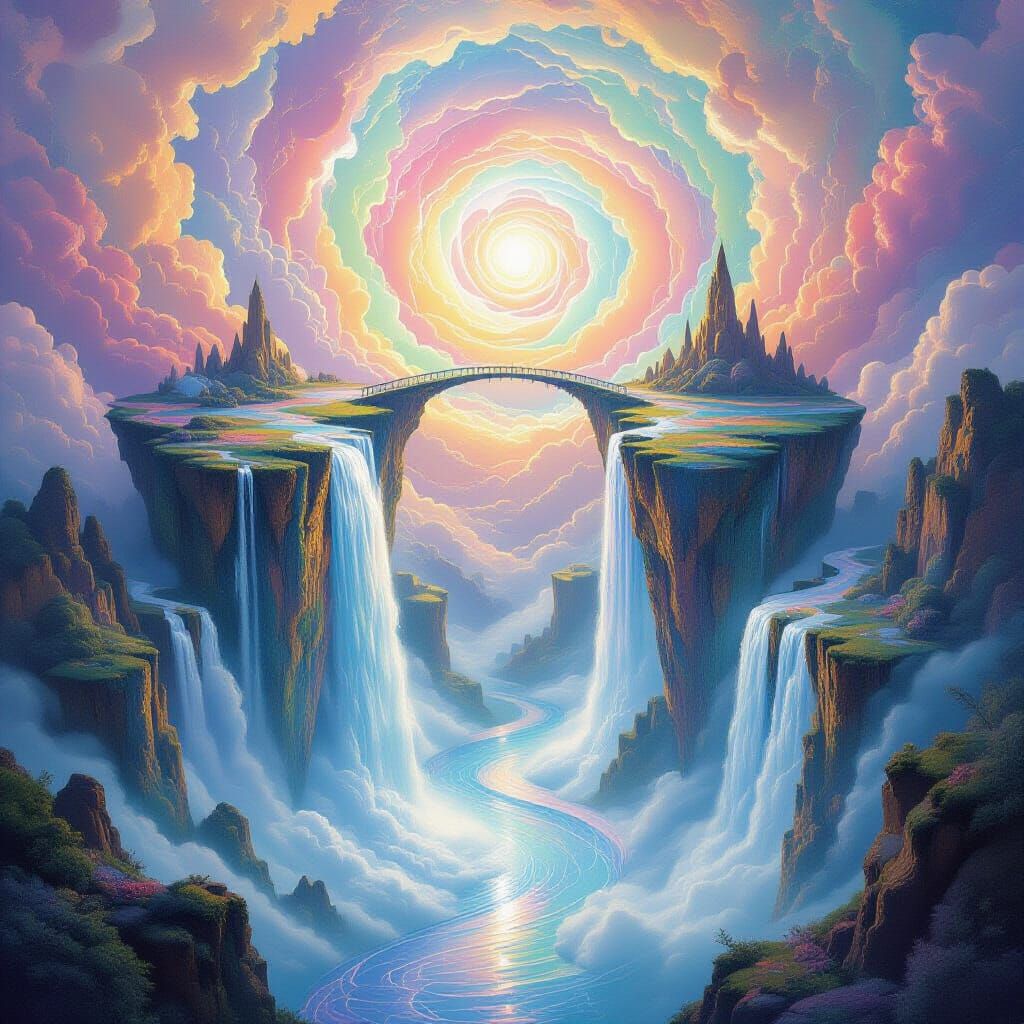 Surreal Upward Waterfalls in Pastel Vortex Sky