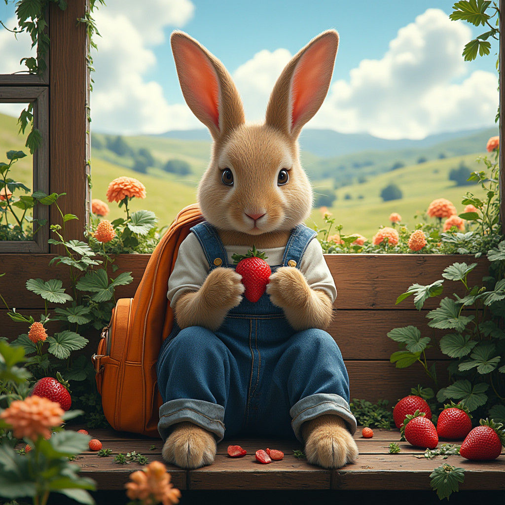 Rabbit in Overalls Peeling Strawberry: Matte Painting