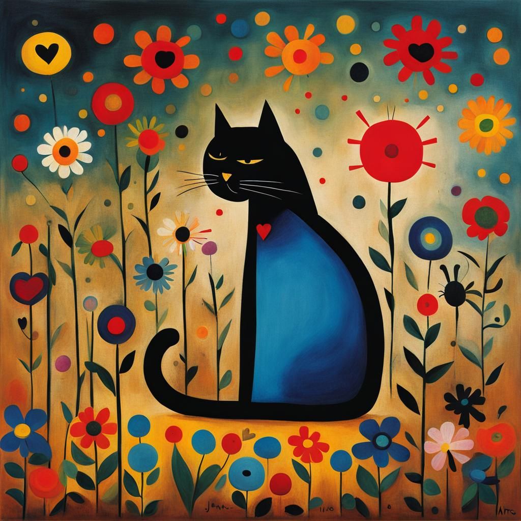 Cute Cat in Miro Style with Flowers and Lights