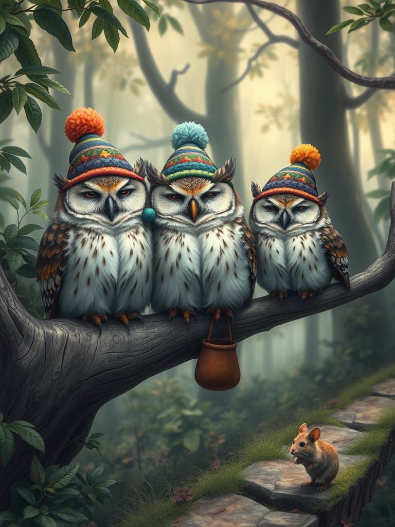 Owls in Elegant Hats Doze on a Branch, a Stealthy Mouse Pass...