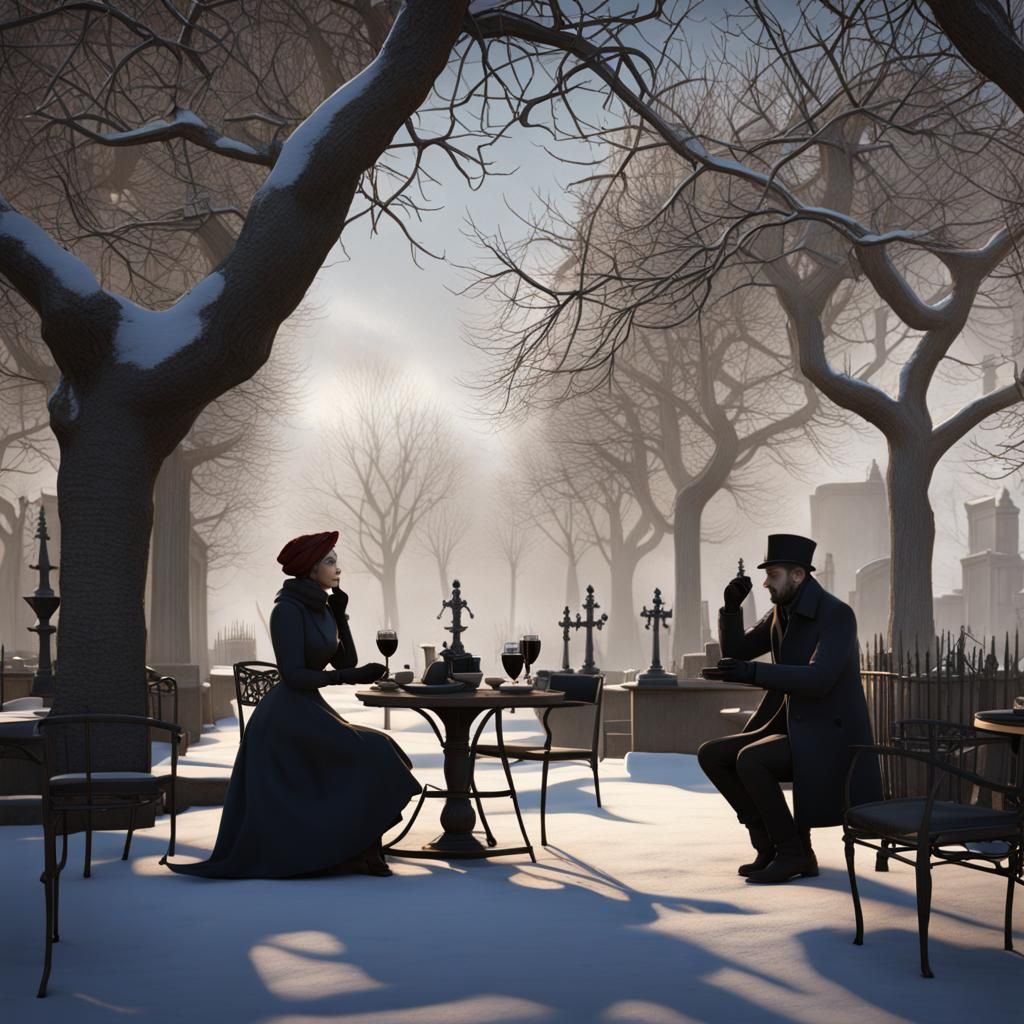 French Cafe Scene with Winter Cemetery Backdrop