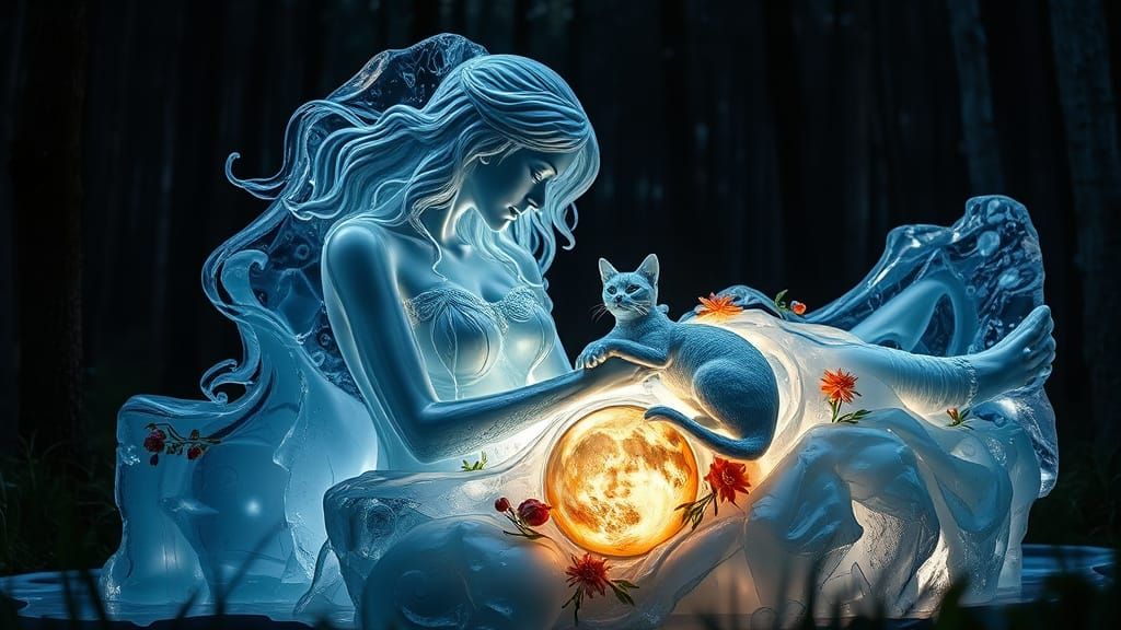 Melting Ice Sculpture: Woman and Cat in Forest