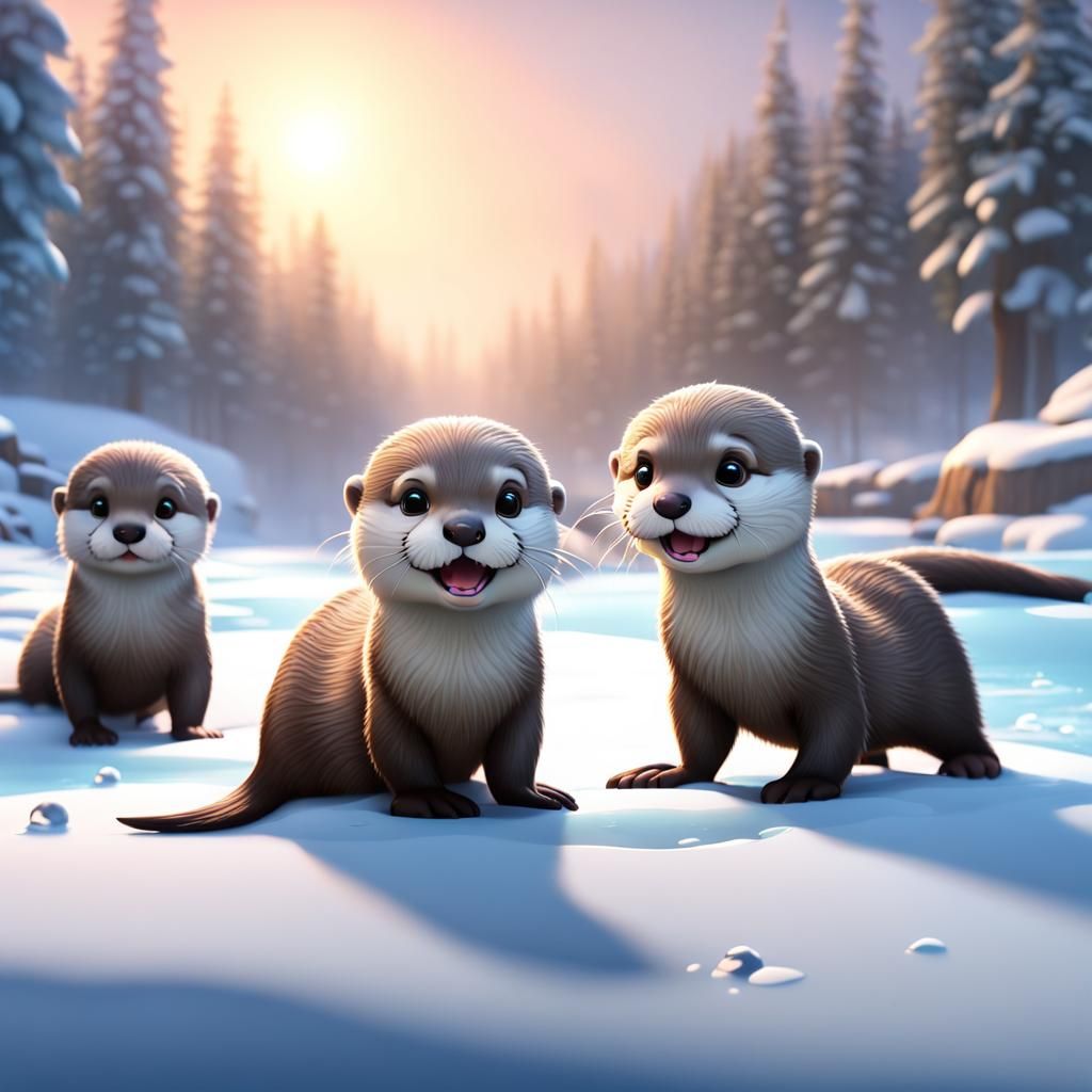 a serene winter river scene with a group of baby otters enjoying a friendly snowball fight on the frozen river's surface