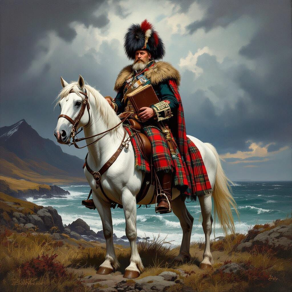 Highlander on Horseback with Book in Stormy Landscape