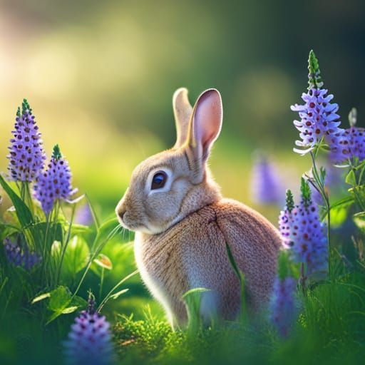Rabbit Relaxing in a Flower Garden