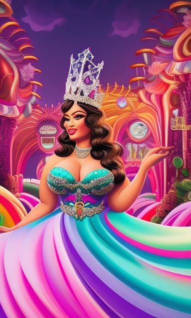 Fantasy Queen with Crown in Neon Gouache Style