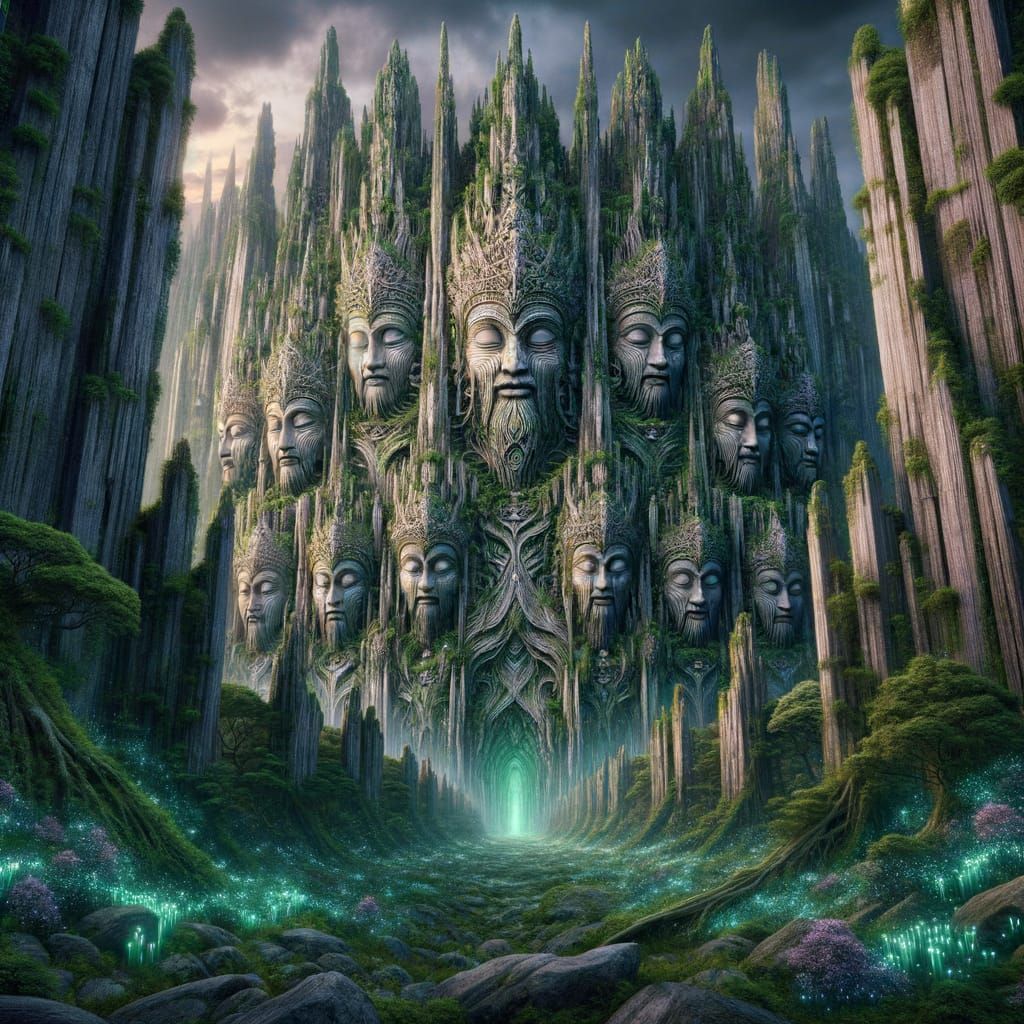 Ancient Guardians in Bioluminescent Fog Cathedral