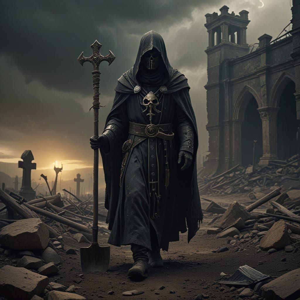 Dark Fantasy Priest Stands Vigilant in Ruins