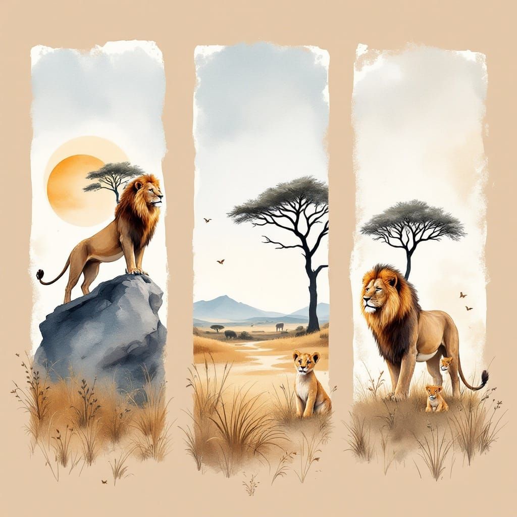 Watercolor Collage of Majestic Lions in the Wild