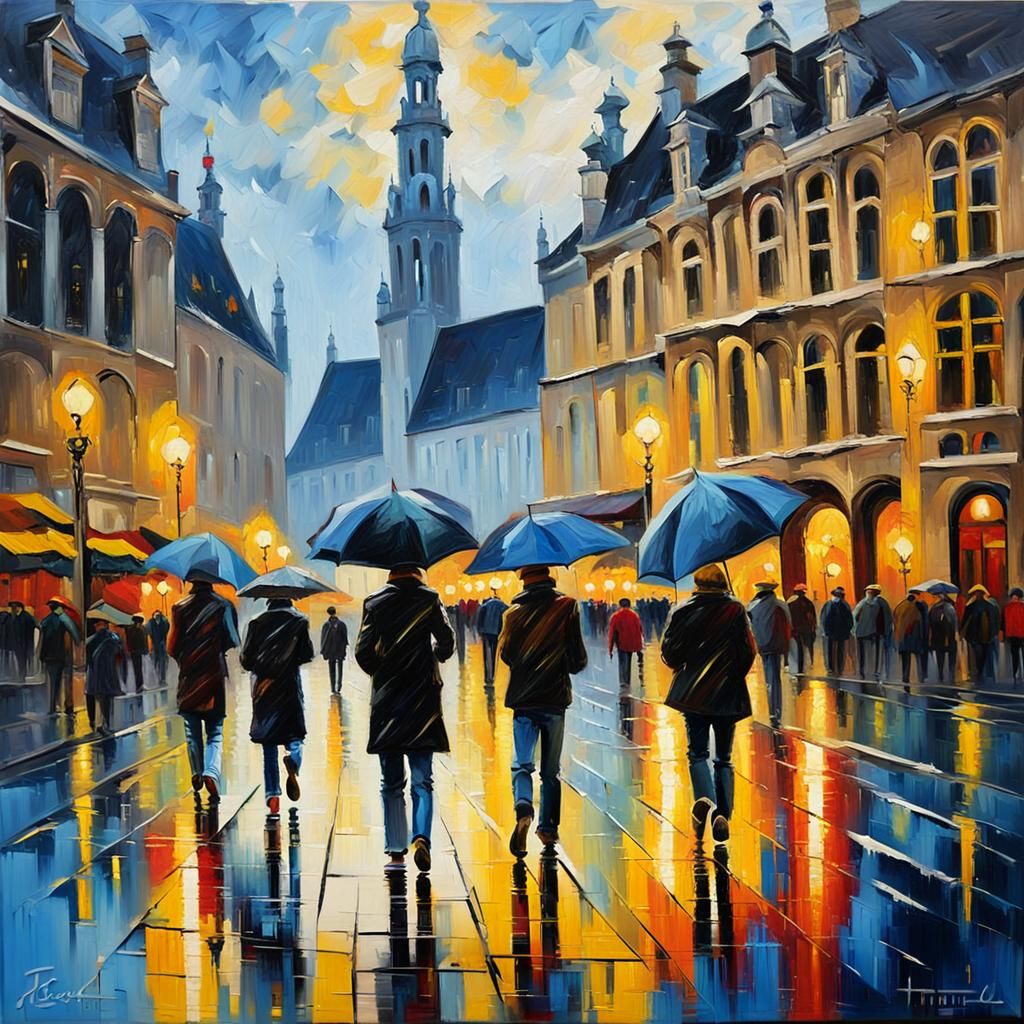 Brussels Grand Place in Noir Neo-Impressionist Style