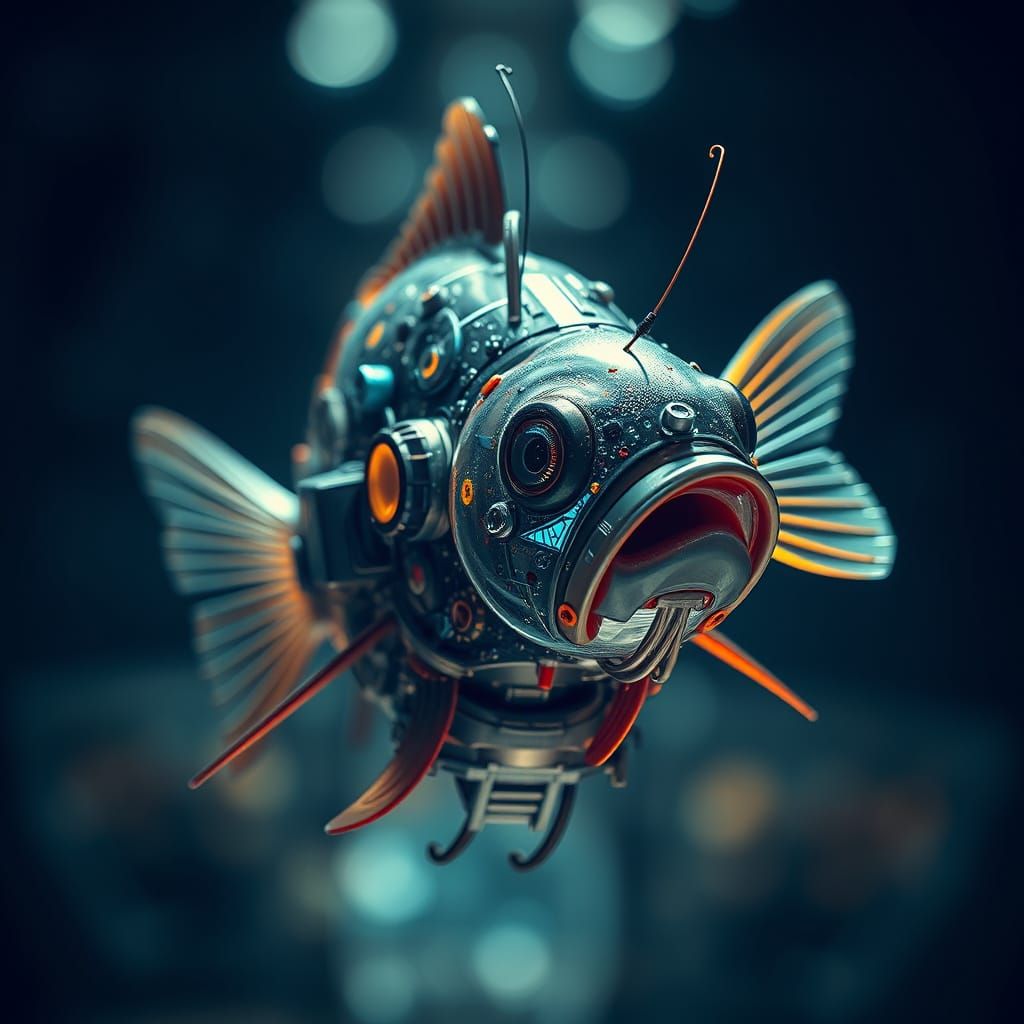 Glitchcore Biomechanical Fish Portrait in Fish-Punk Style