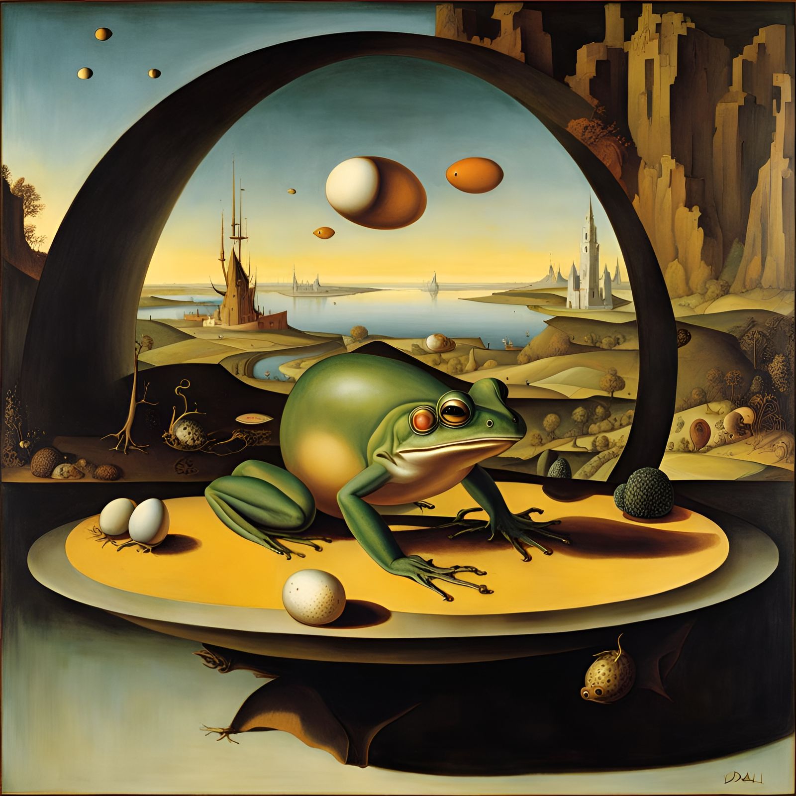 Surreal Composition with Egg, Frog, and Fish