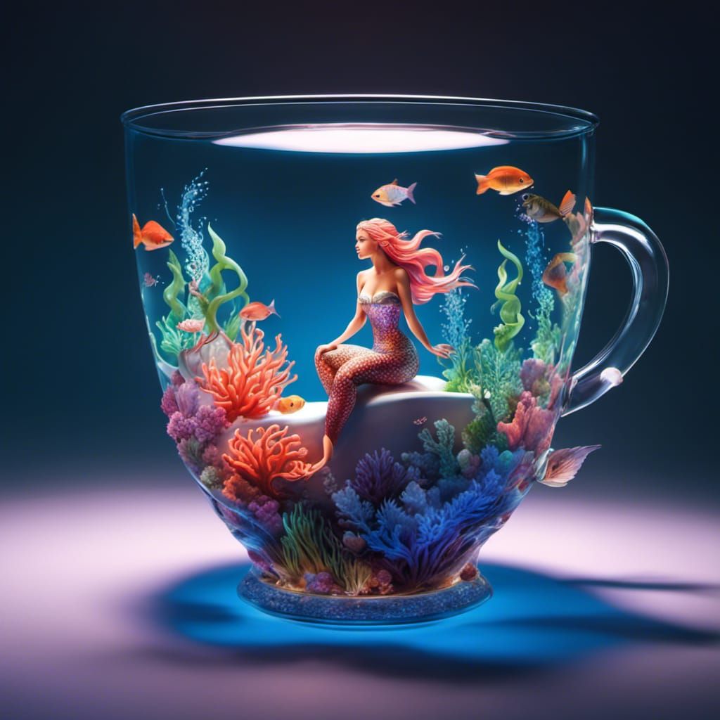 Mermaid in Teacup with Coral Reef, Splash Art