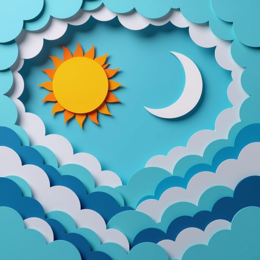 Paper Art Sky Scene with Sun and Moon