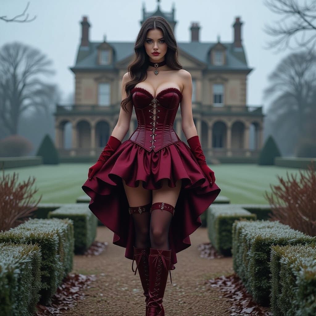 Victorian Brunette in Burgundy Corset & Red Boots