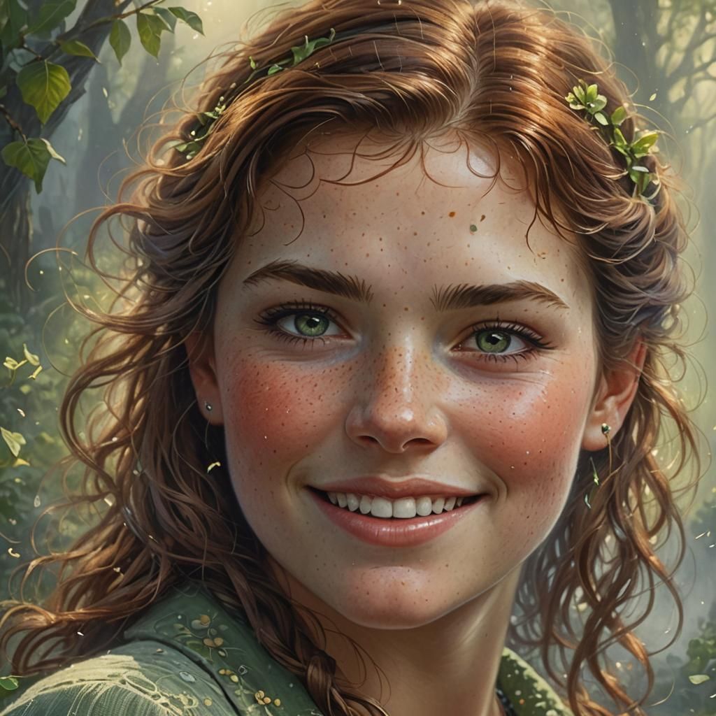 Dreamy Woman's Face with Freckles in Ethereal Style