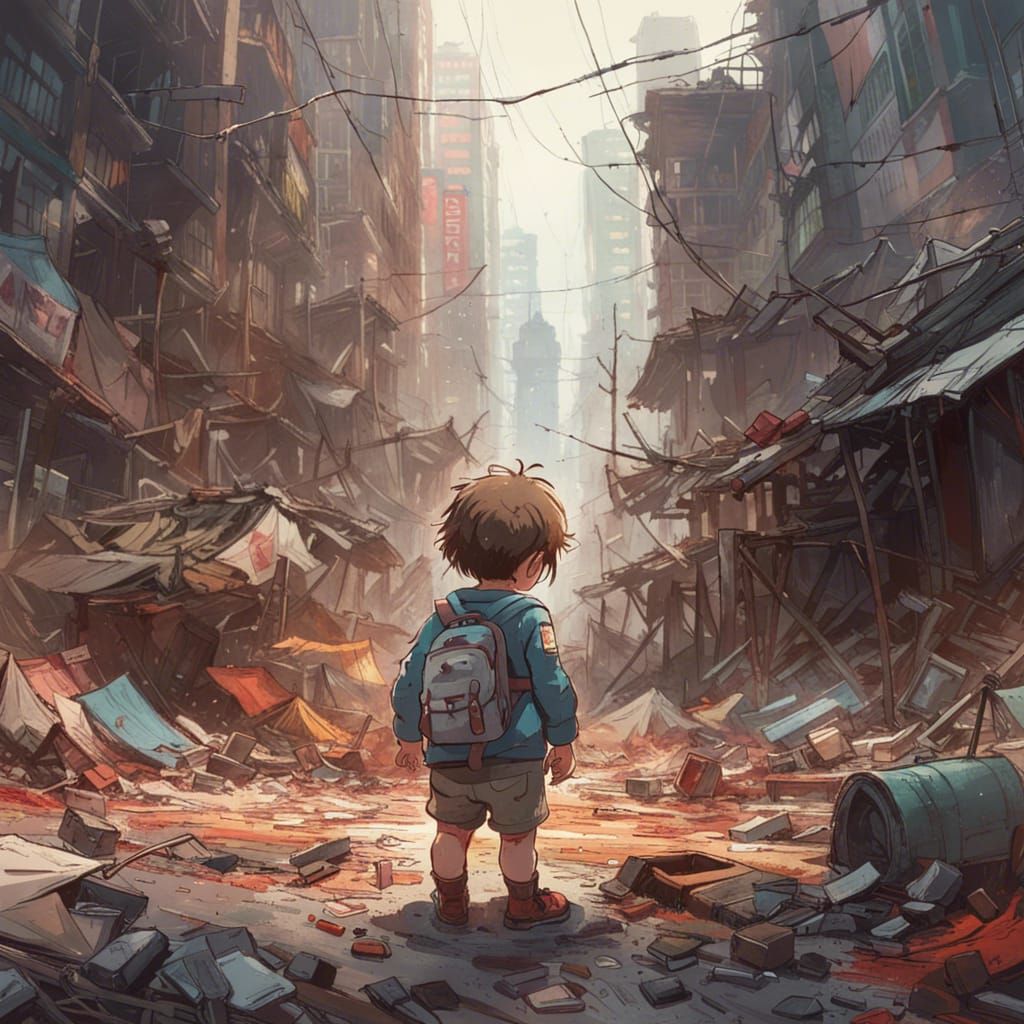 Crying Baby in Apocalyptic Destruction: Digital Illustration